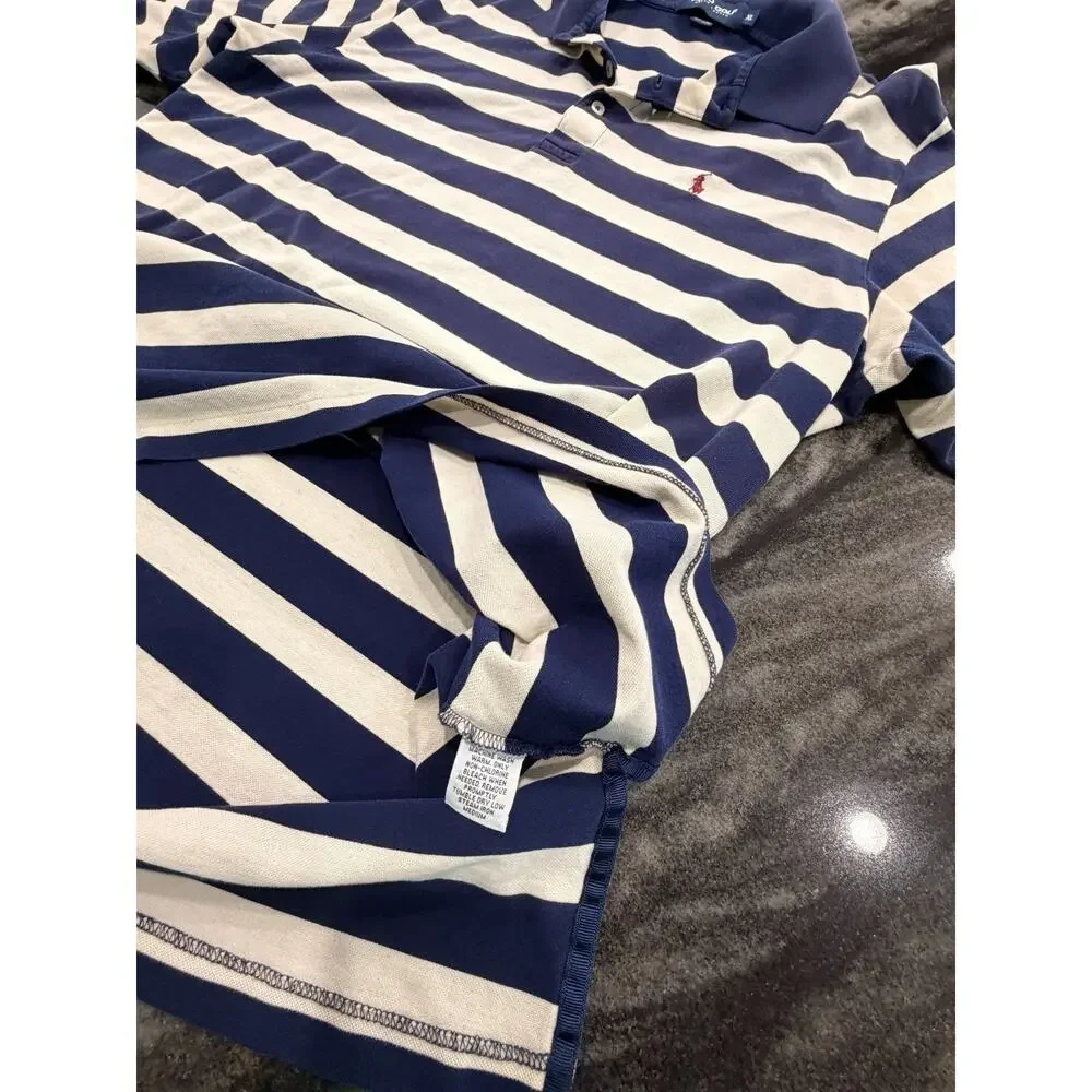 Polo Ralph Lauren Mens XL White Navy Stripe Custom Fit Pique Polo Shirt Cotton